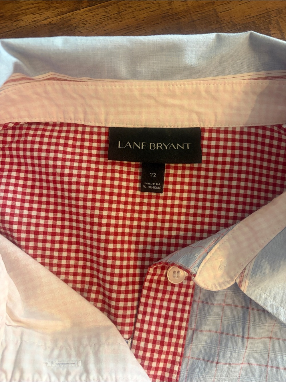 Lane Bryant Patchwork Button-Down Shirt in Light Blue, White & Red Gingham - Picture 2 of 7
